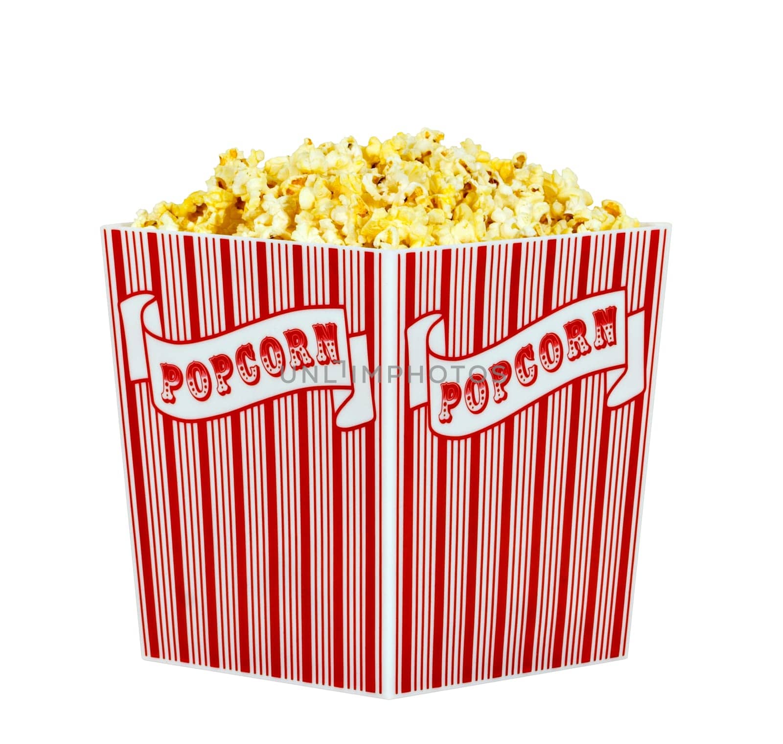 A container of popped popcorn isolated on a white background