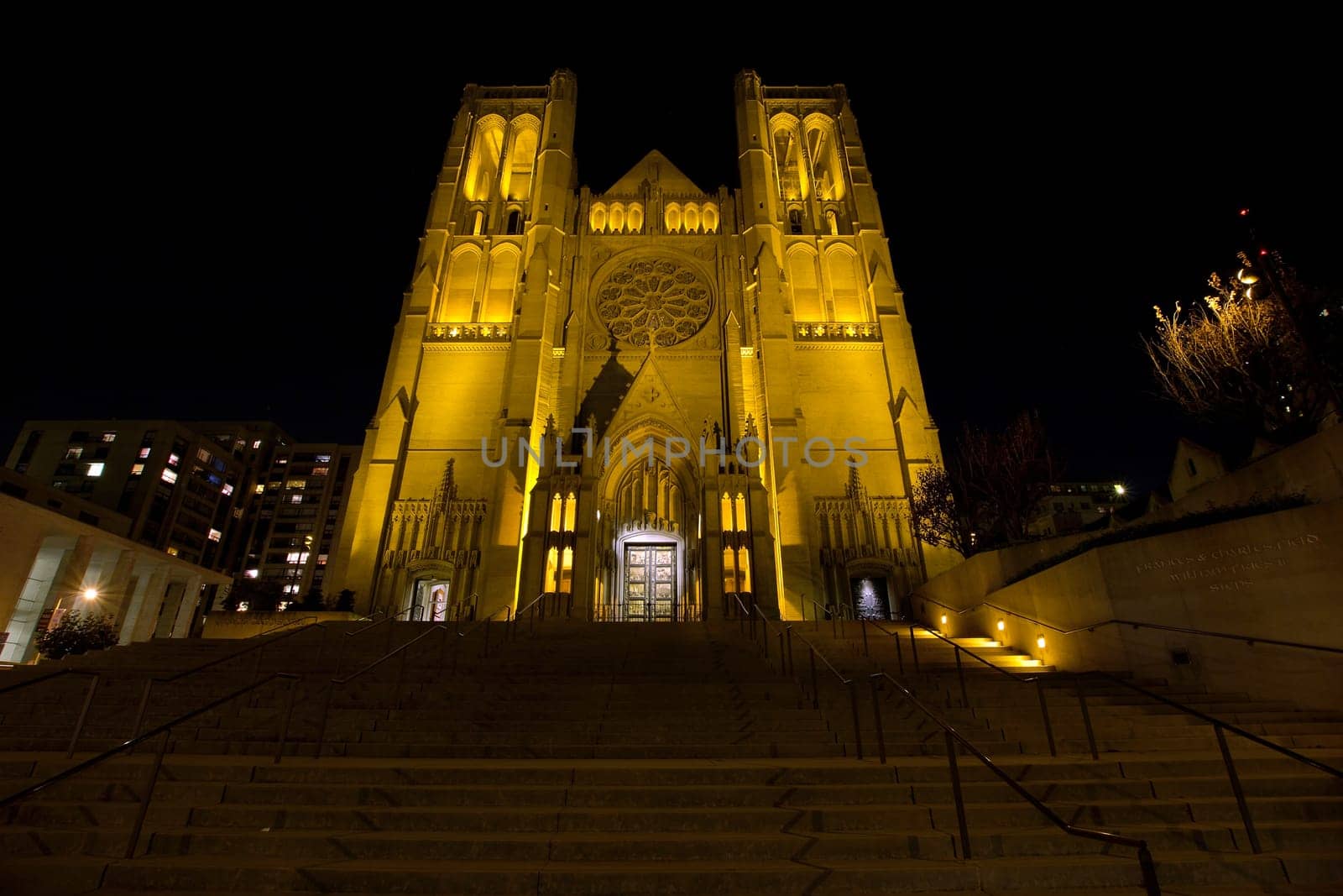 Steps to Grace Cathedral in San Francisco California at night