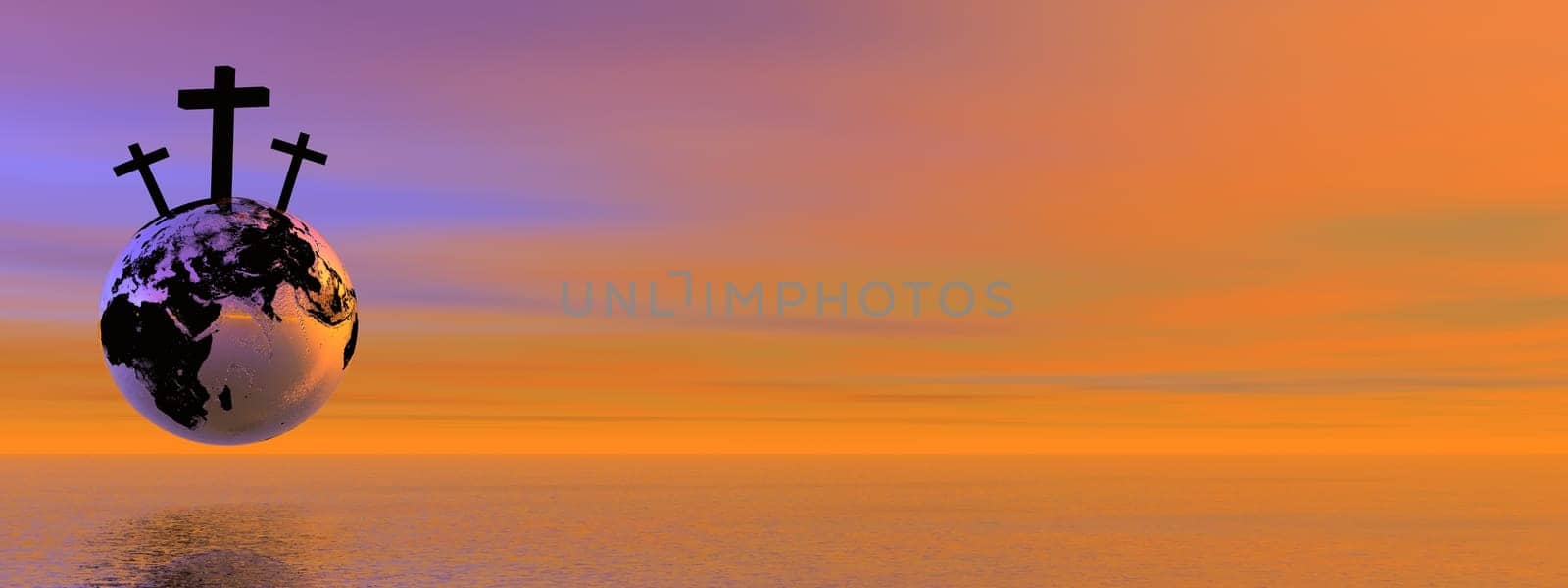 Three crosses for Golgotha on earth planet by sunset
