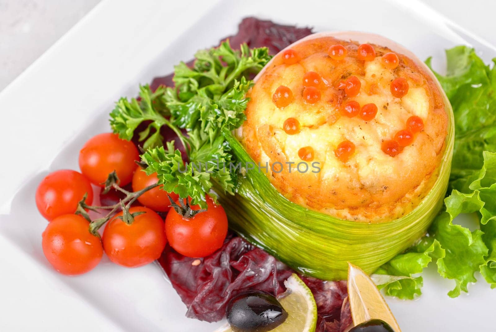 Tasty dish of salmon with omelette and philadelphia cheese