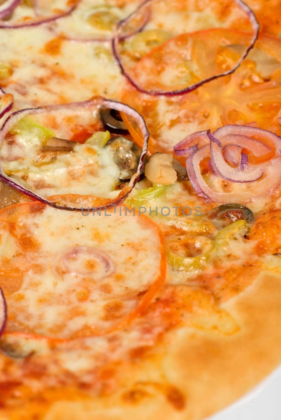 vegetable pizza closeup with tomato, Bulgarian pepper, onion, olive, champignons and mozzarella cheese