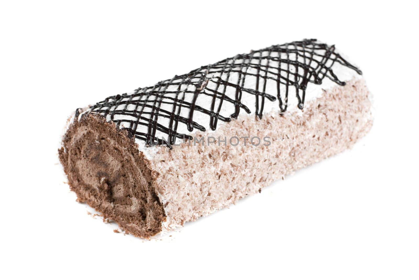 Chocolate Swiss roll closeup isolated on a white background