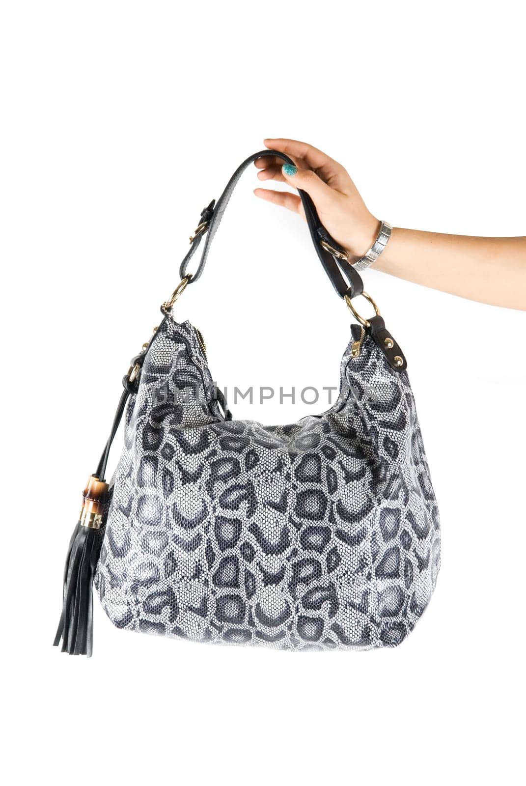 women bag at hand isolated on white background