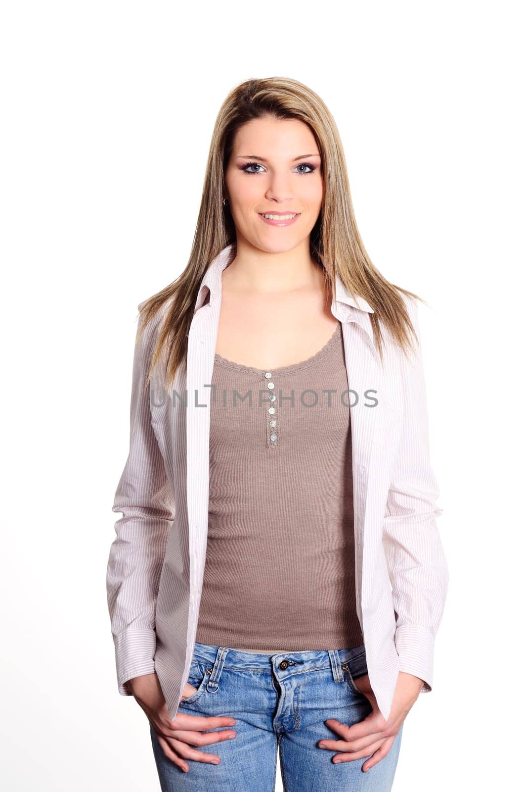 cheerful and beautiful woman with casual clother
