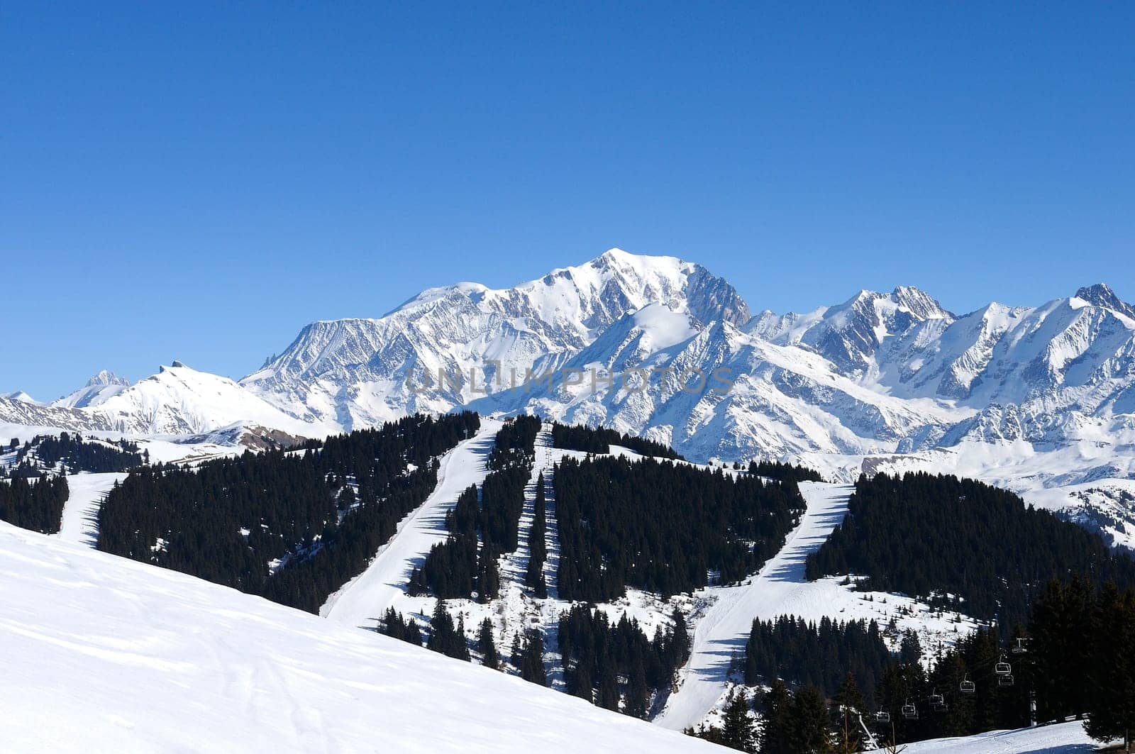Mont-blanc in winter, alpine mountains, view from Les saisies, France