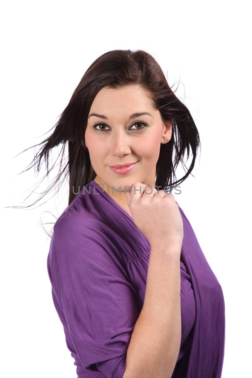 Gorgeous brunette girl with smile - isolated on white
