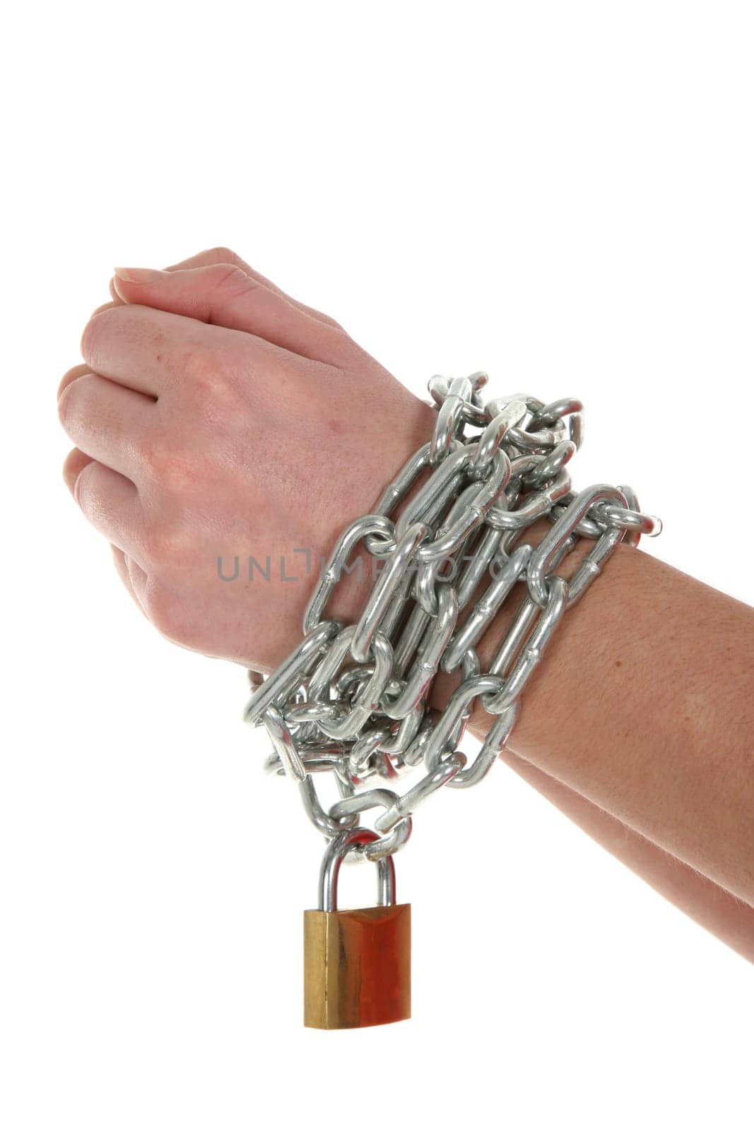 Hands with chain wrapped around them and a brass padlock