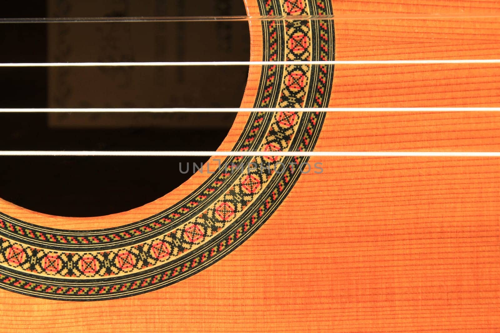 Guitar close up of the strings and sound hole