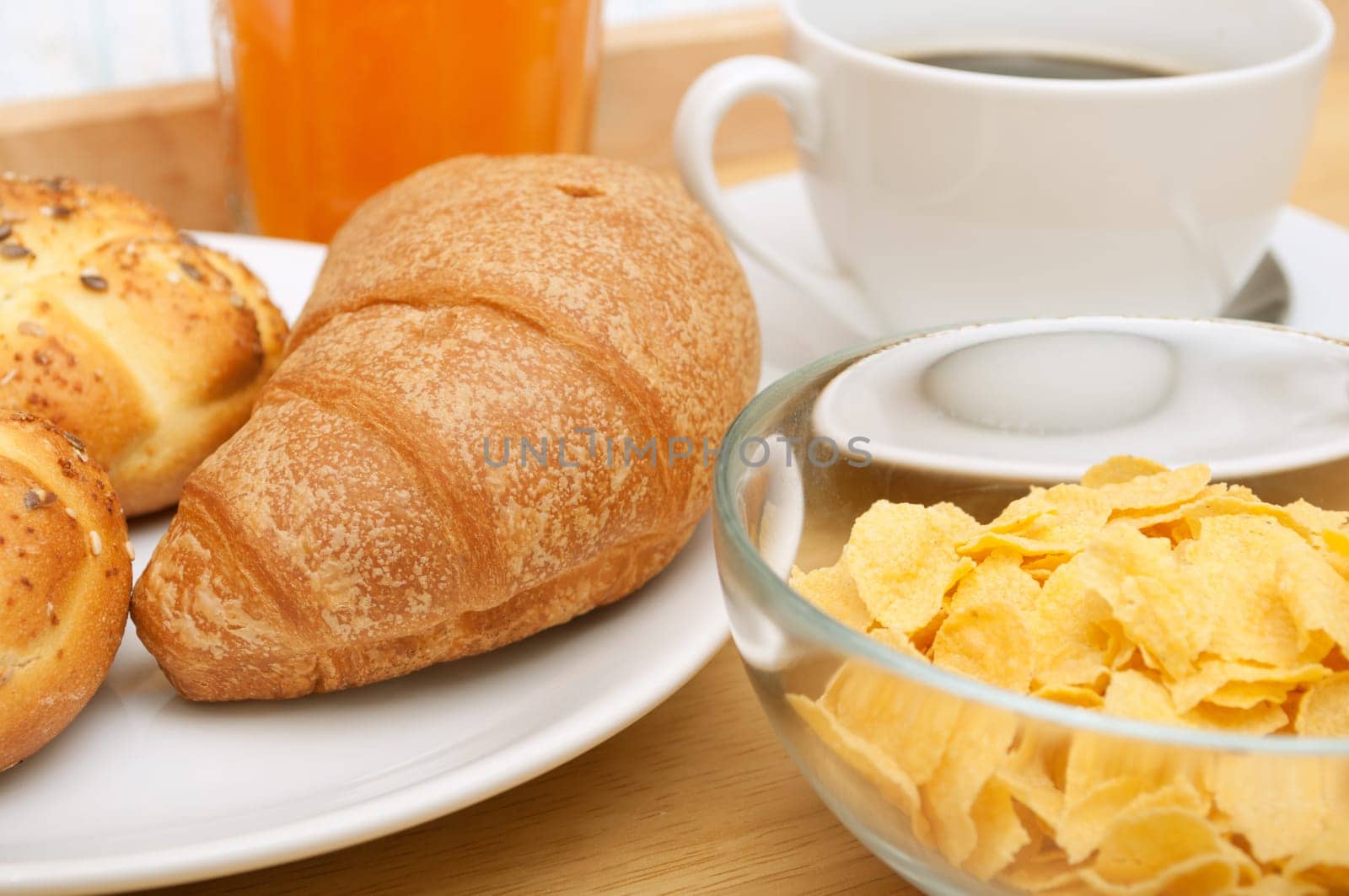 Breakfast in Bed - Corn Flakes, Coffee, Croissant, Orange Juice, Coffee and Rolls