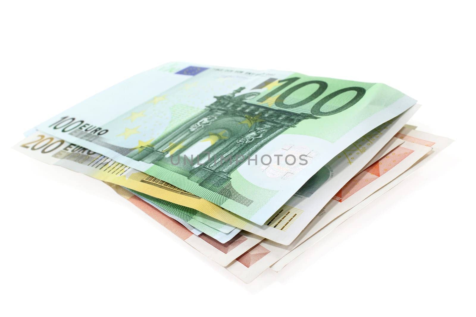 A stack of euro bills against a white background