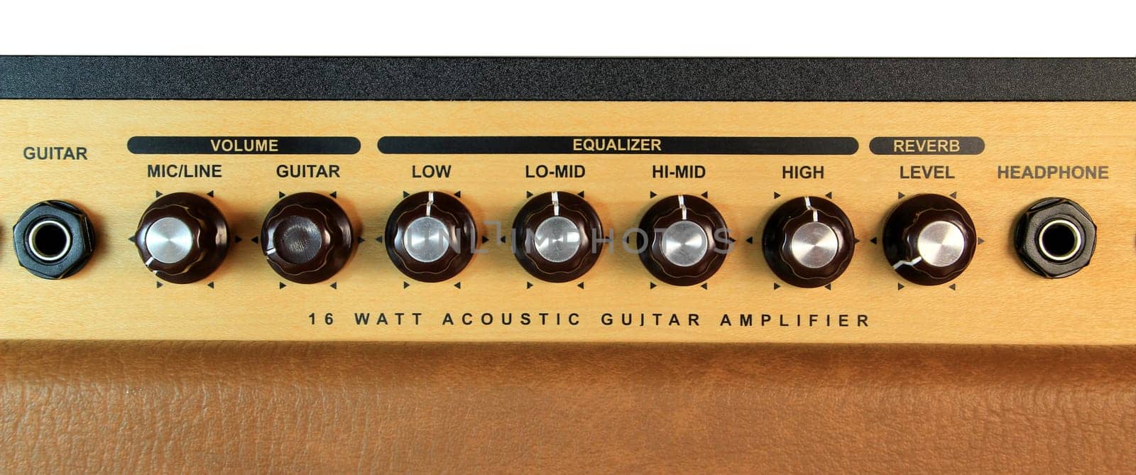 A guitar amplifier dials and input lines for the guitar and headphones.