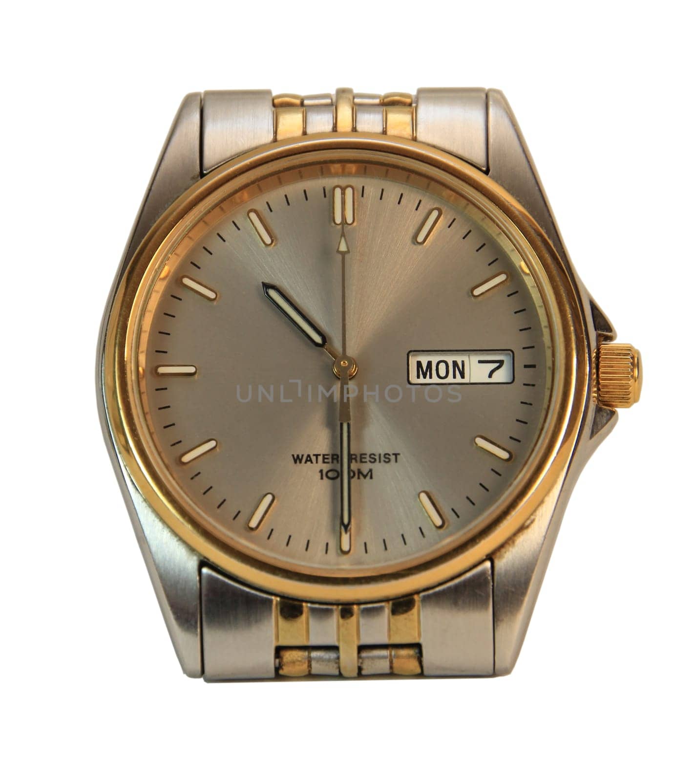 The face of a silver watch showing 10:30
