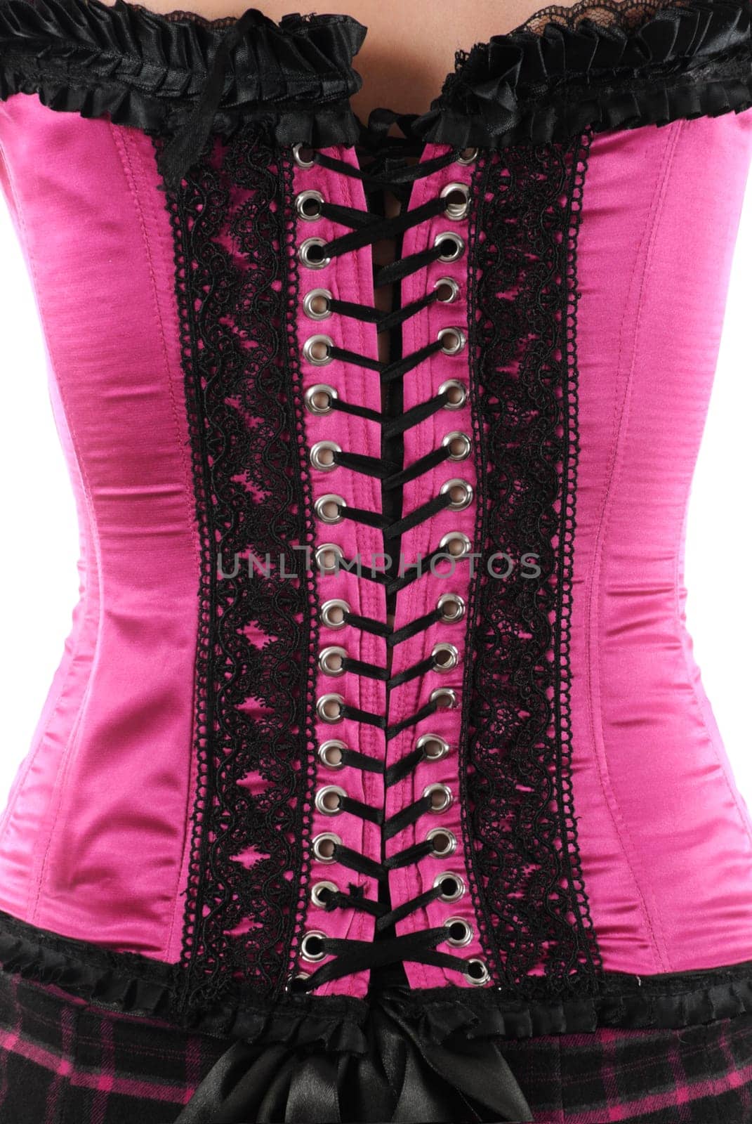 Back of the woman in pink corset with laces isolated over white background