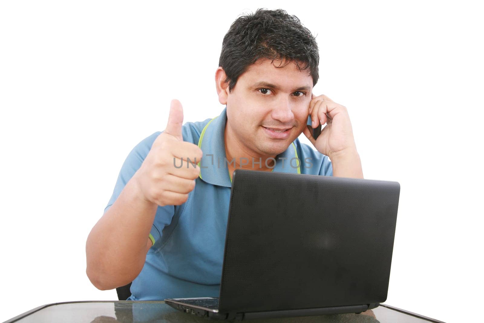 smart guy with a laptop isolated on white