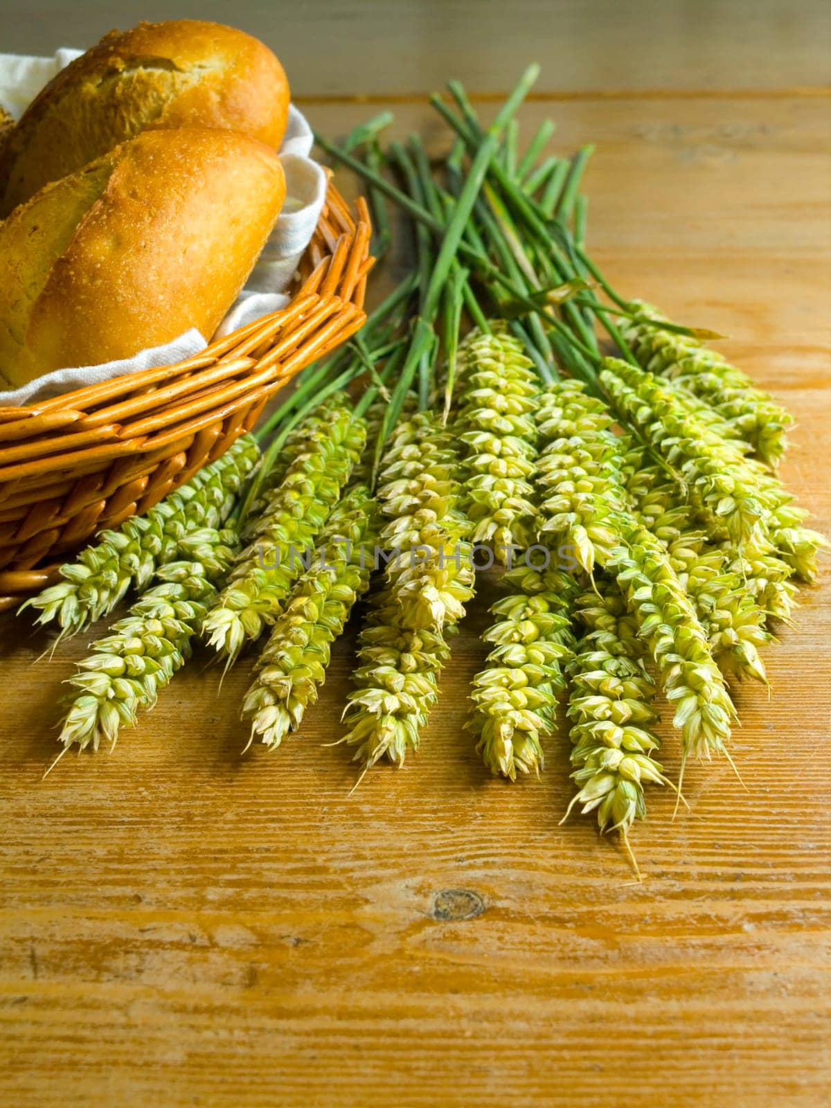 close-up of fresh green ears on the table