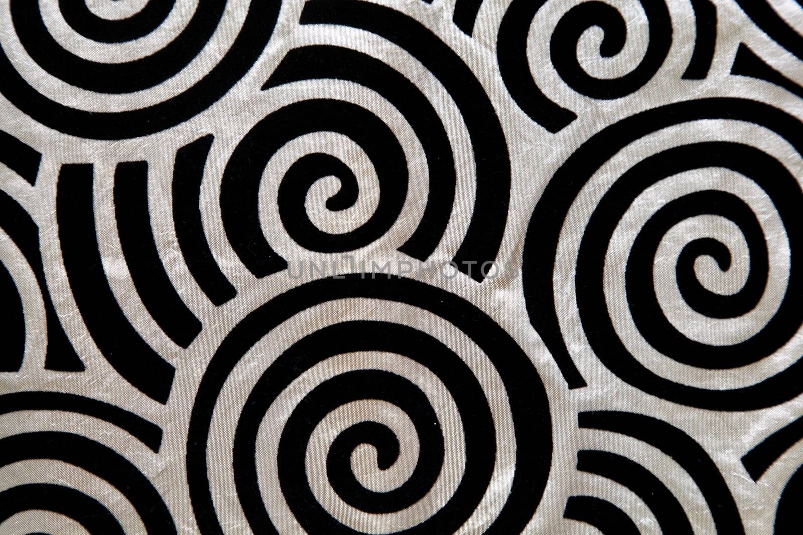 landscape or portrait of twirly pattern, hallucinatory on velvet and silky textile, RGB black and white