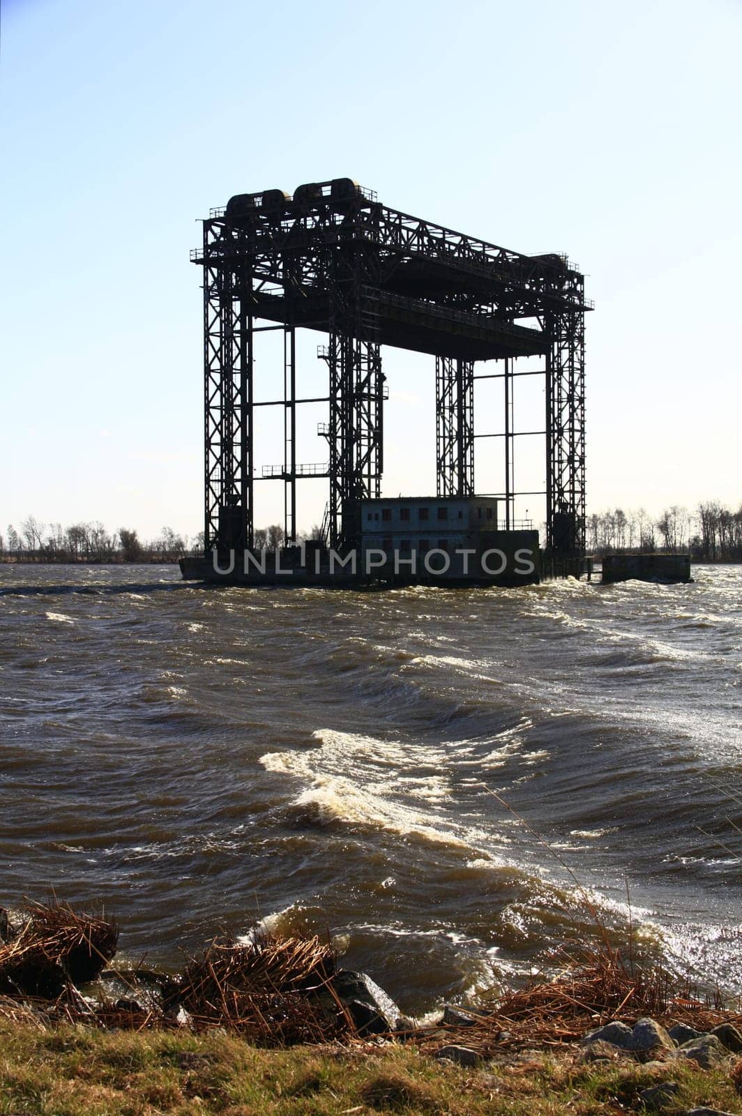 Ruins of the railway lift bridge of Karnin,which was blown up in April 1945,formerly the railway connection to the island of Usedom between Ducherow and Świnoujście,built in 1933