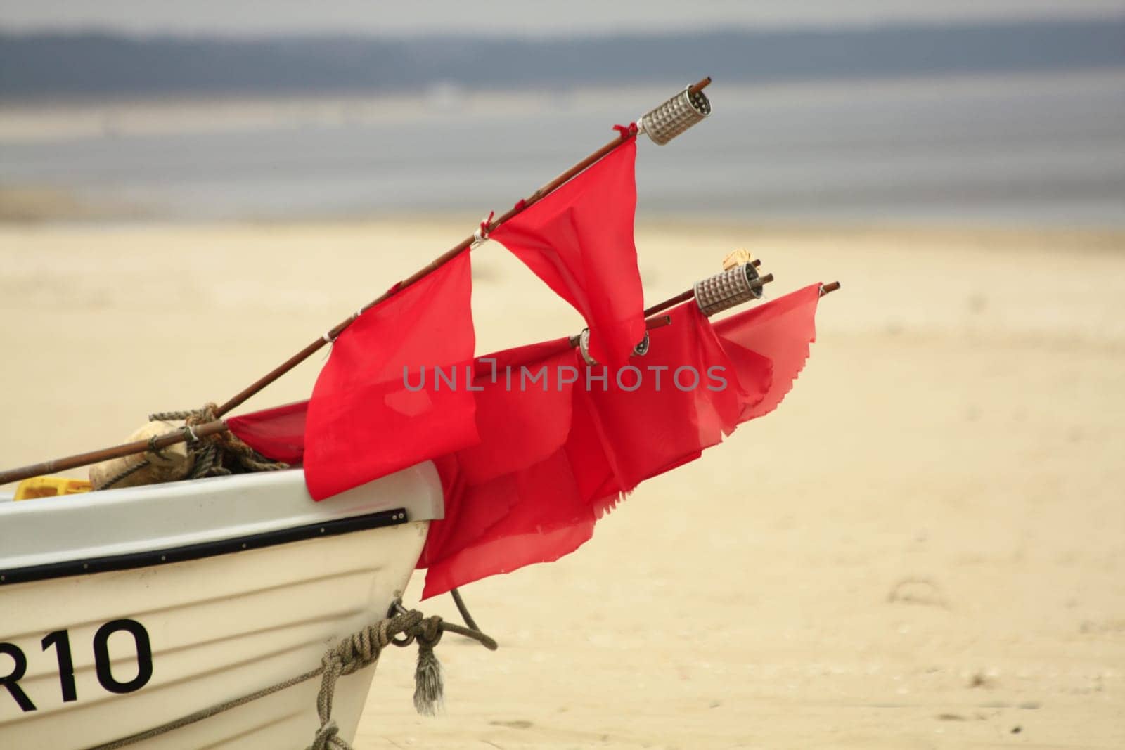 Marking pennant of a fishing boat on the beach of the island of Usedom,Mecklenburg-Western Pomerania,Germany