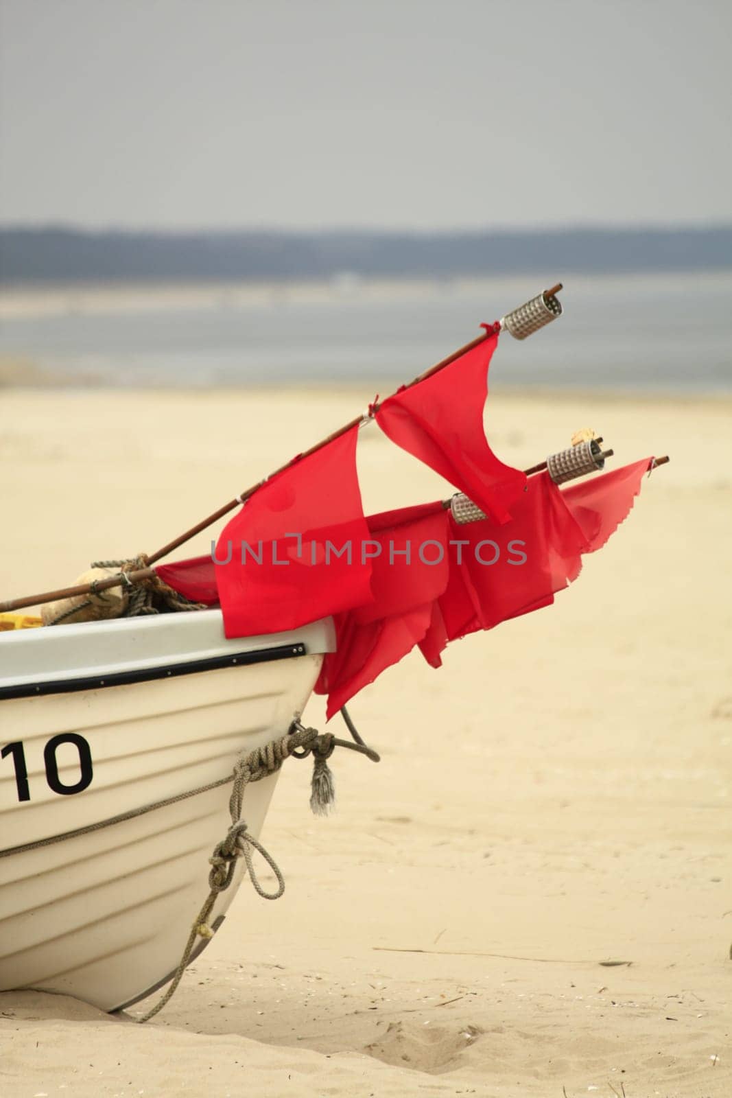 Marking pennant of a fishing boat on the beach of the island of Usedom,Mecklenburg-Western Pomerania,Germany