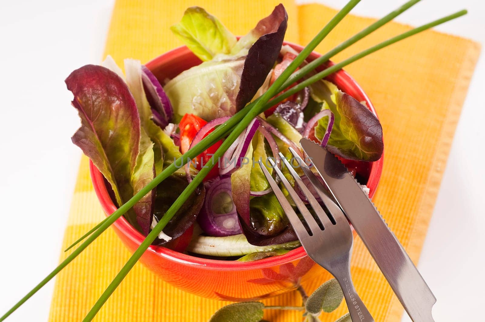 Gemischter Blattsalat mit Paprika, Tomaten und Zwiebeln in roter Schüssel / Mixed leaf salad with peppers, tomatoes and onions in a red bowl