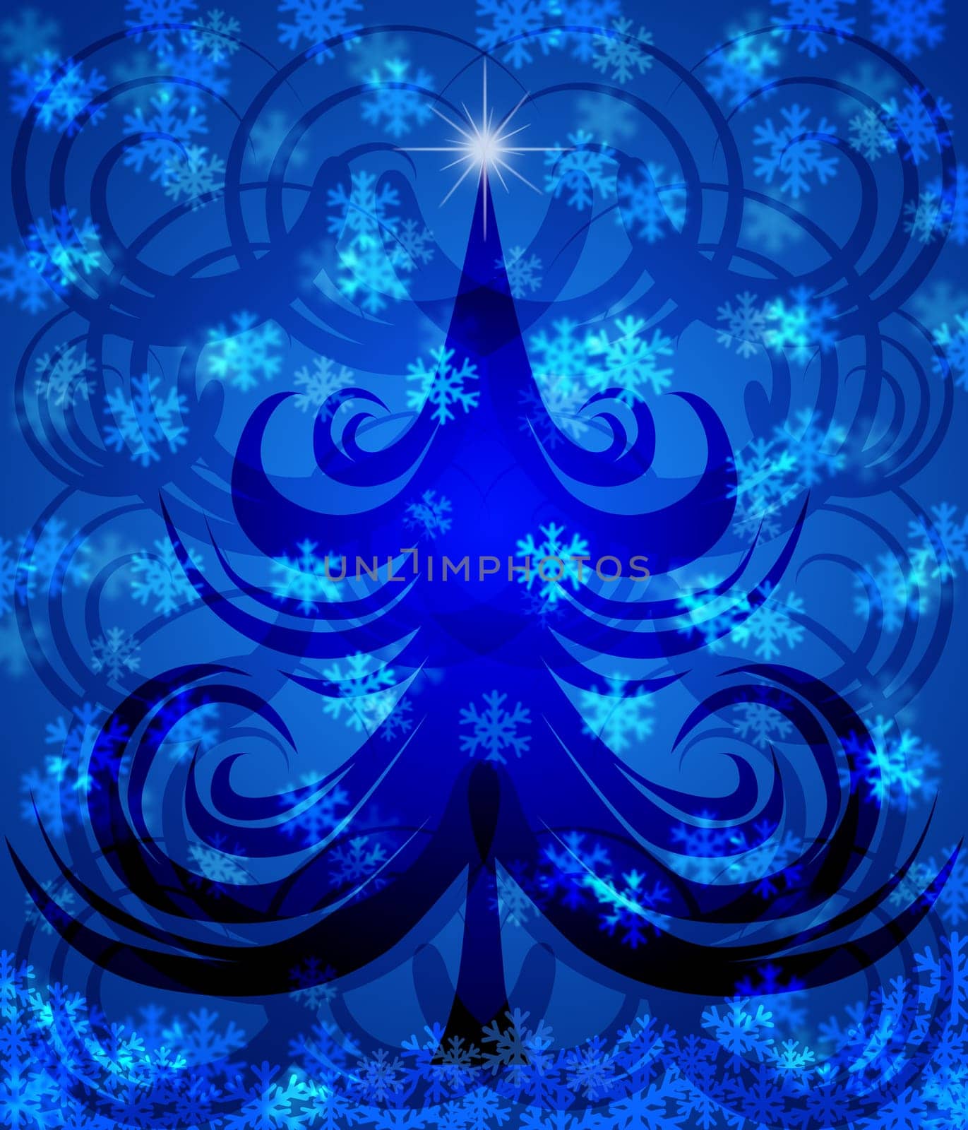 Abstract Swirls Christmas Tree on Blue Background with Snowflakes Illustration
