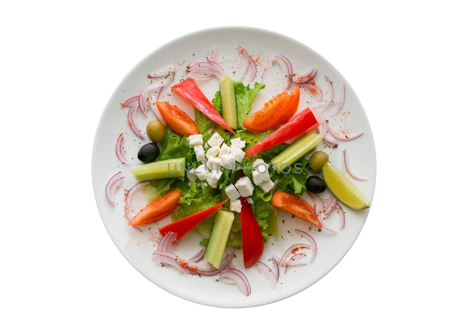 Appetizing salad in a plate on white background.