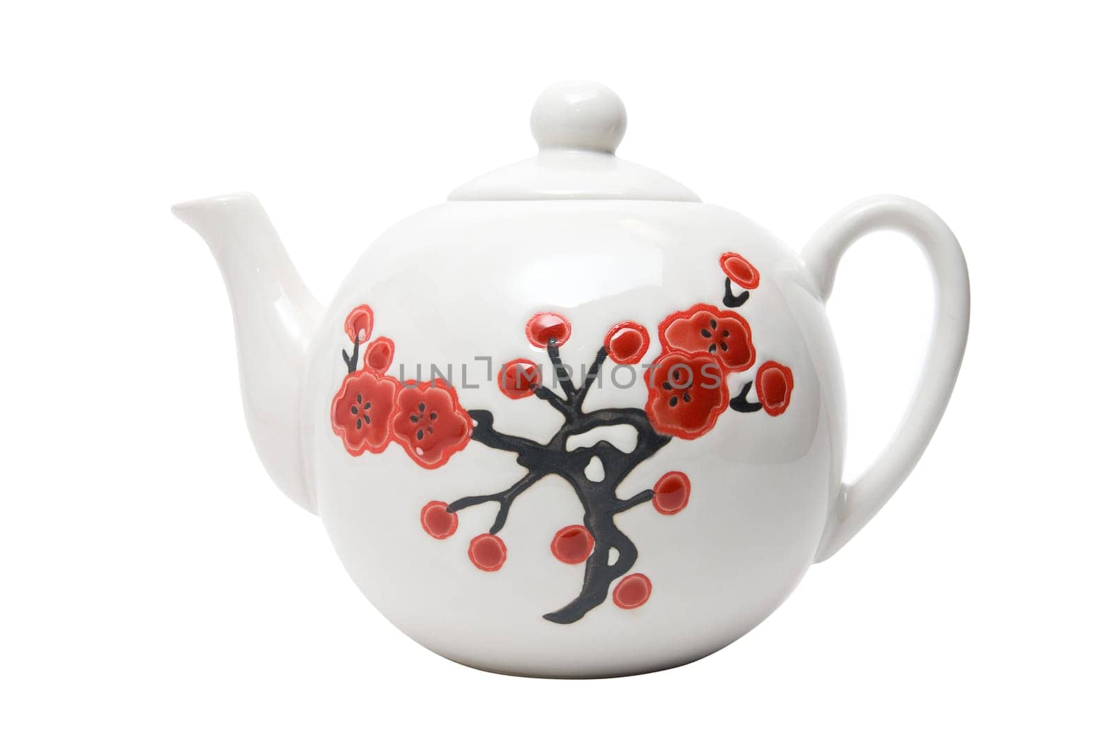 Teapot in asian style with flowers. Isolated on white.