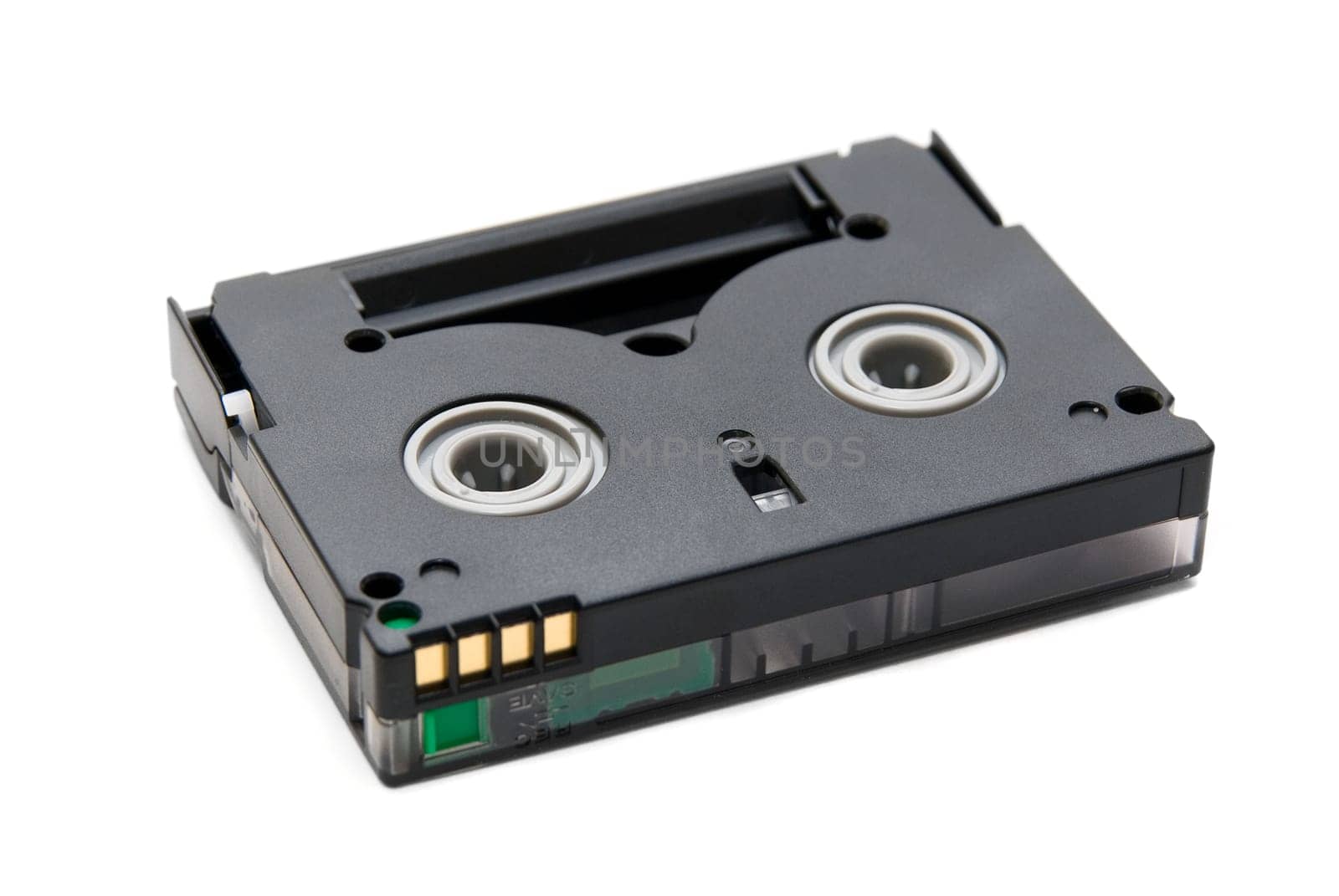 Mini Dv casette close up on isolated white background.