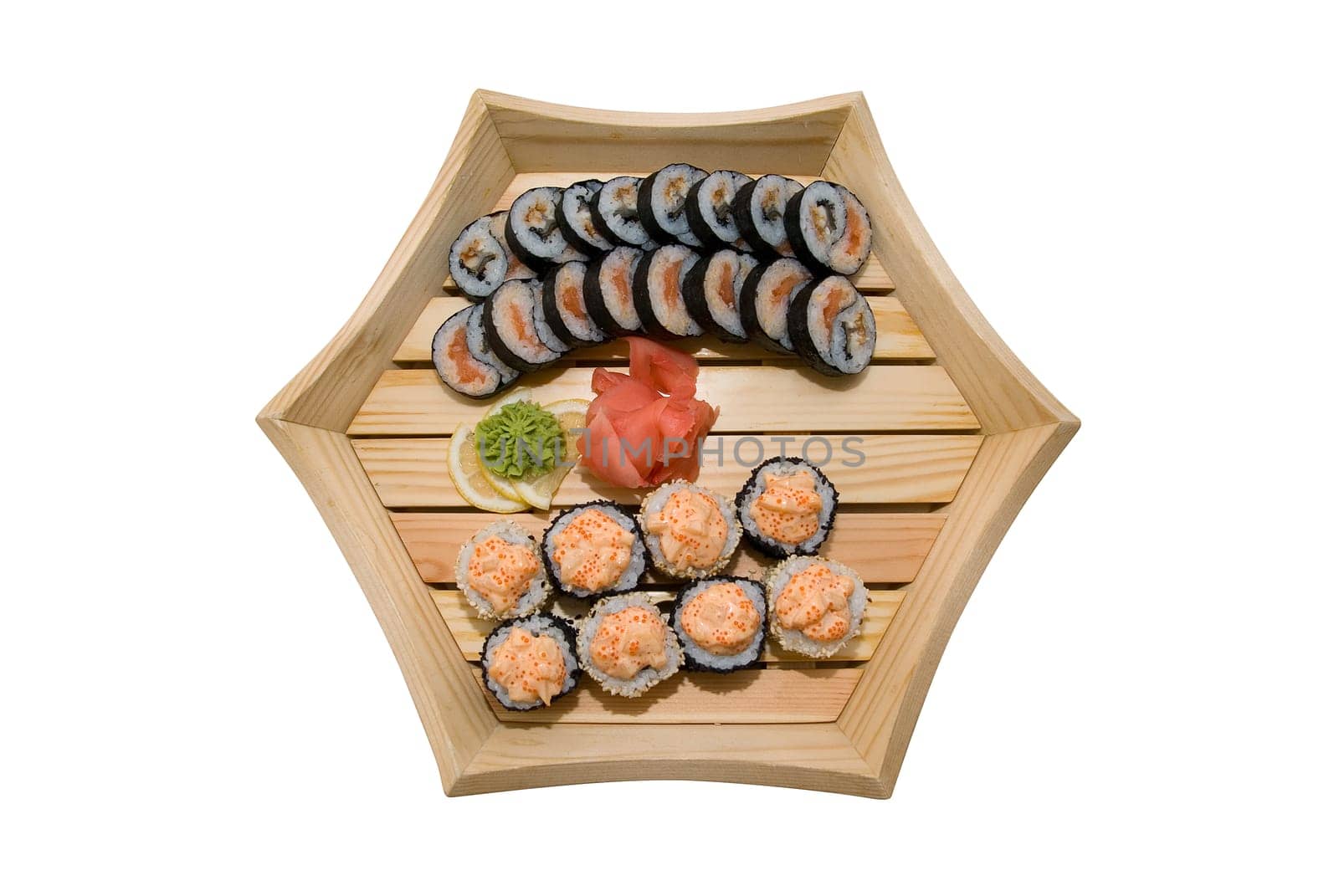 sushi in wood plate on white background