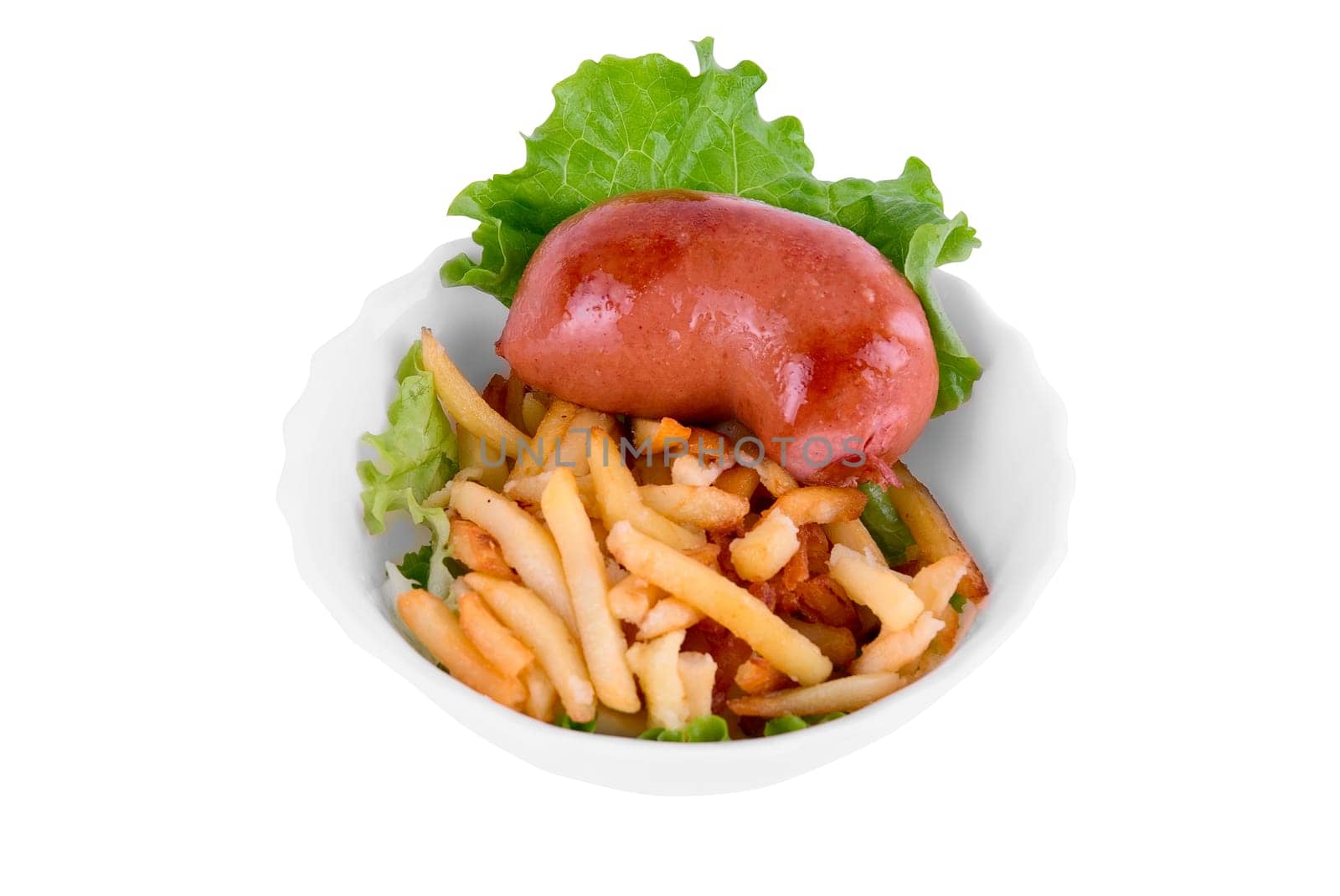 Delicious sausages and French fried potatoes on white
