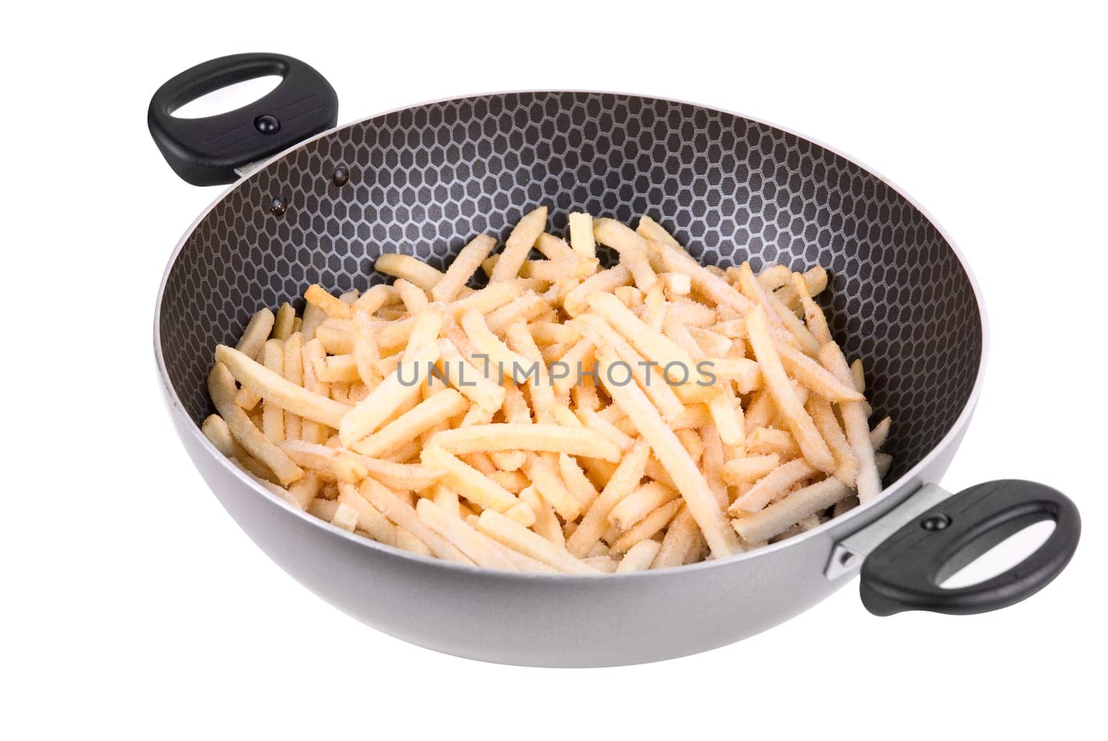 Fried potatoes in Teflon pan on white