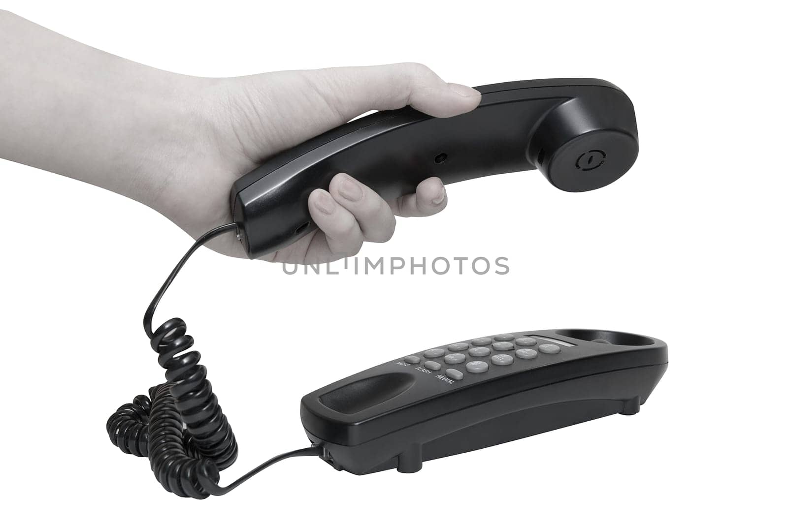 Communication on white. office black telephone with hands dialing.