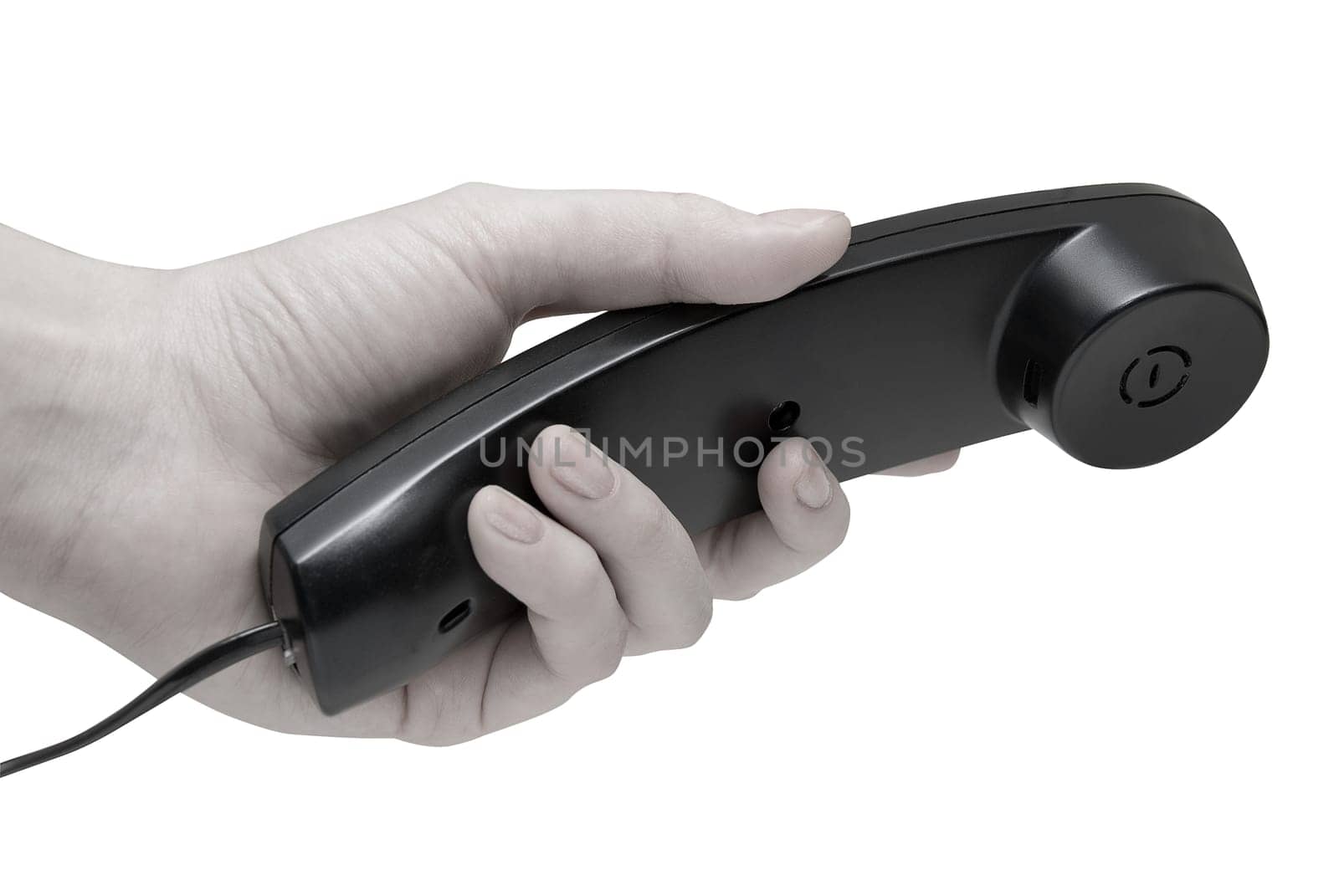 Communication on white. office black telephone with hand dialing.