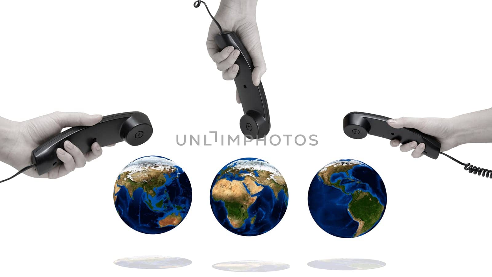 World Communication on white. office black telephones with hands connecting to world