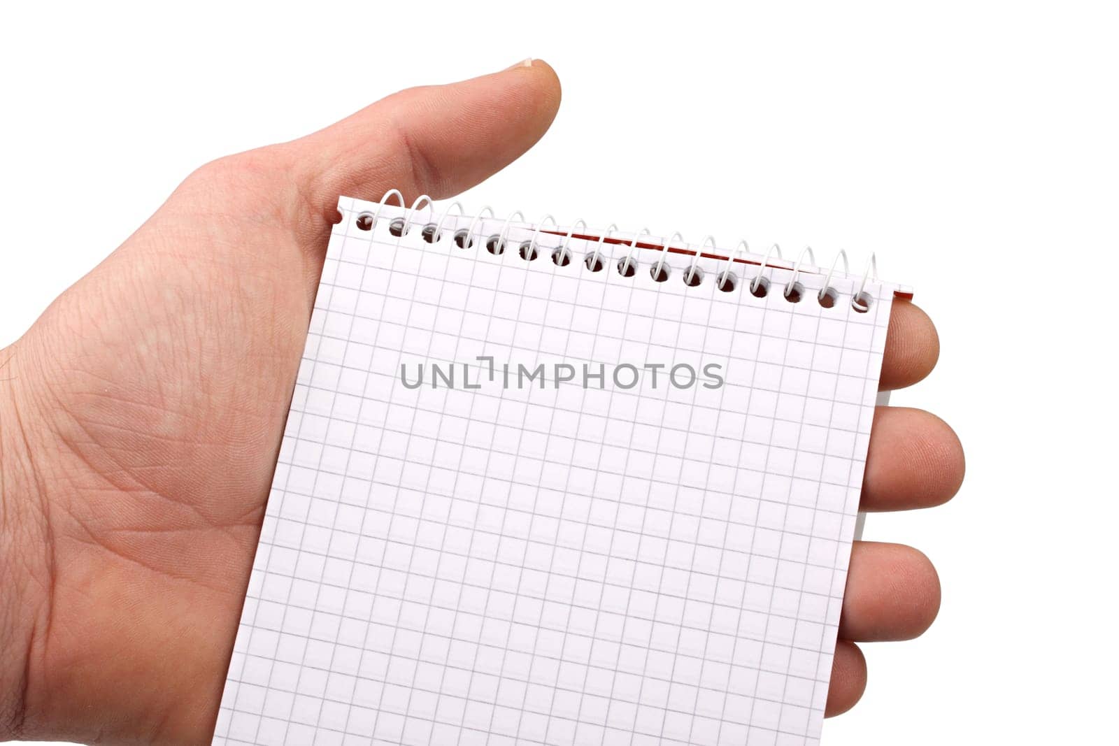Notepad in hand on white background