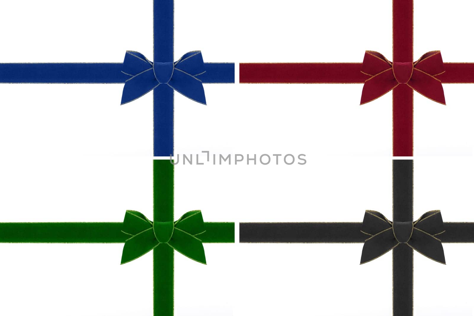 A bow made of blue,red,green and black velvet with matching ribbon.