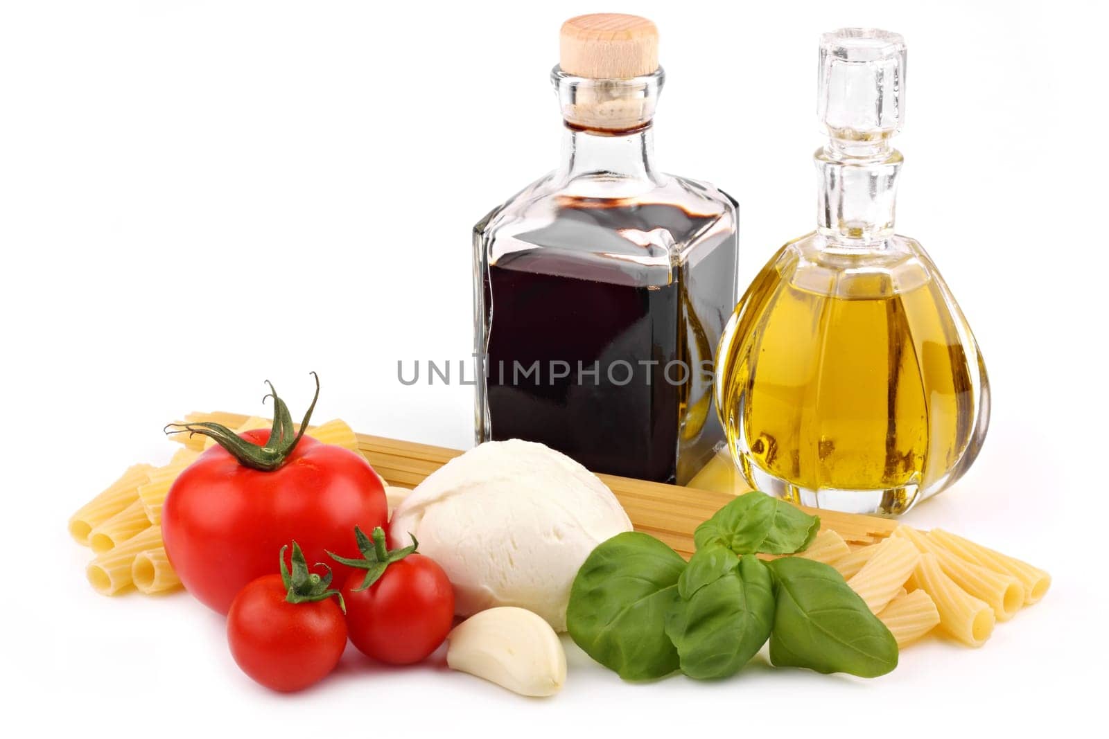Italian pasta ingredients on white background.