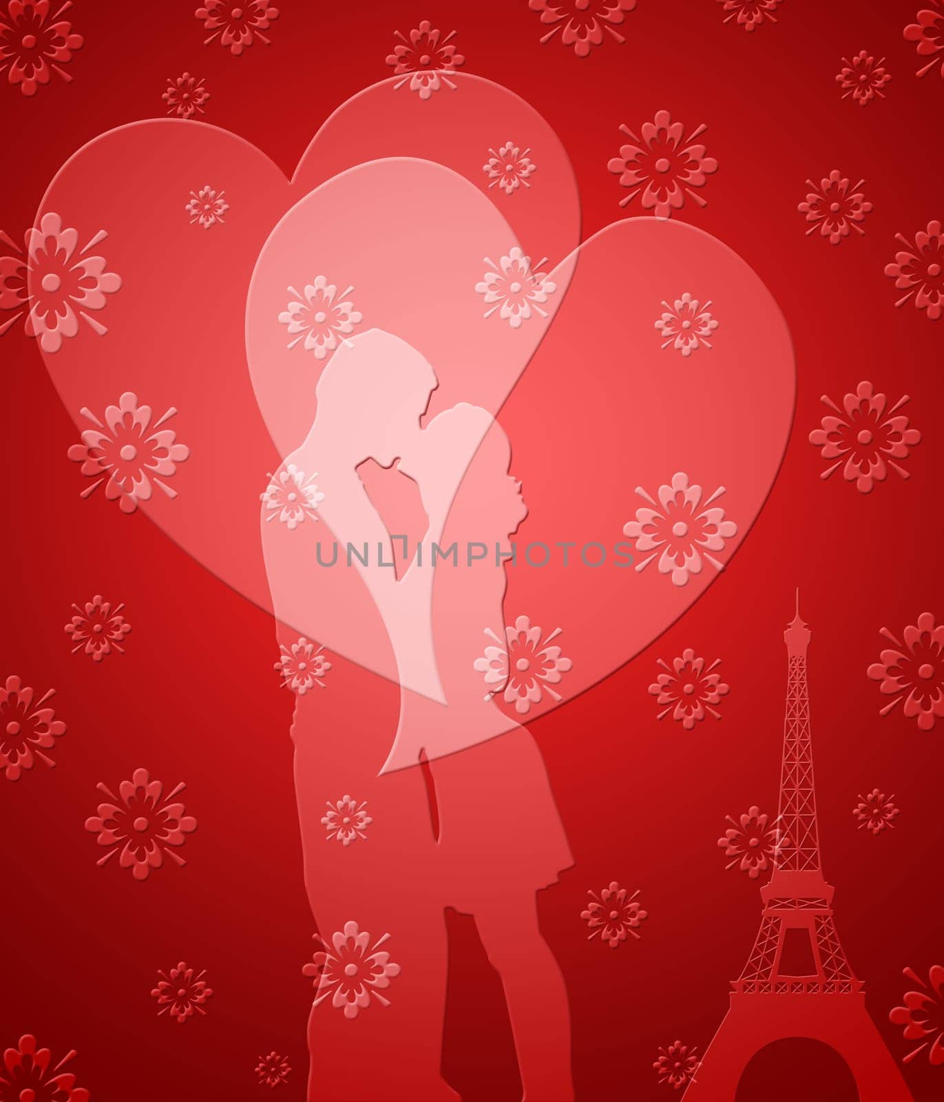 Happy Valentines Day Couple in Paris with Eiffel Tower and Hearts