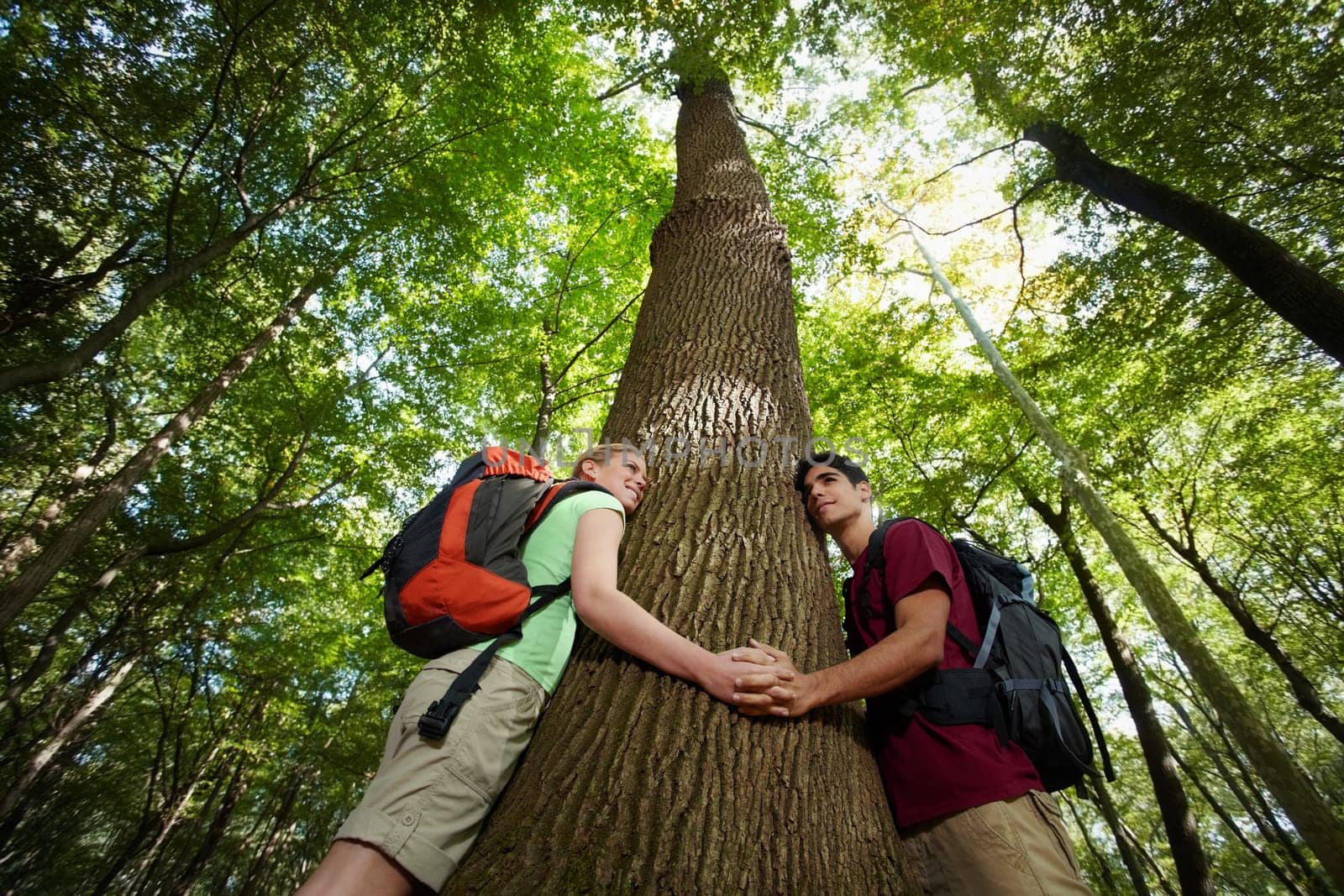 young man and woman during hiking excursion, hugging tree and holding hands. Horizontal shape, low angle view, waist up
