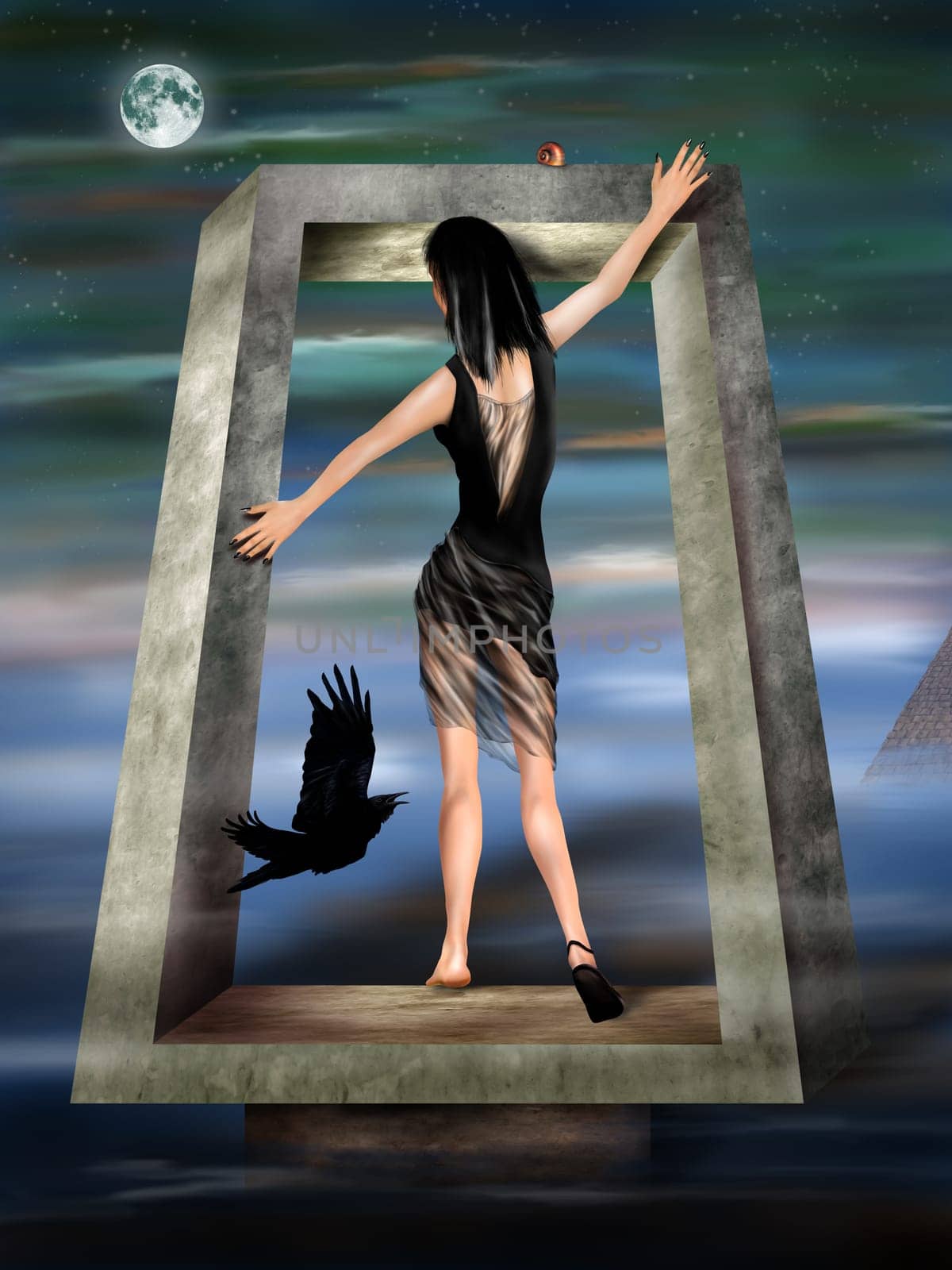 Illustration of a gothic princess in an impossible surreal landscape