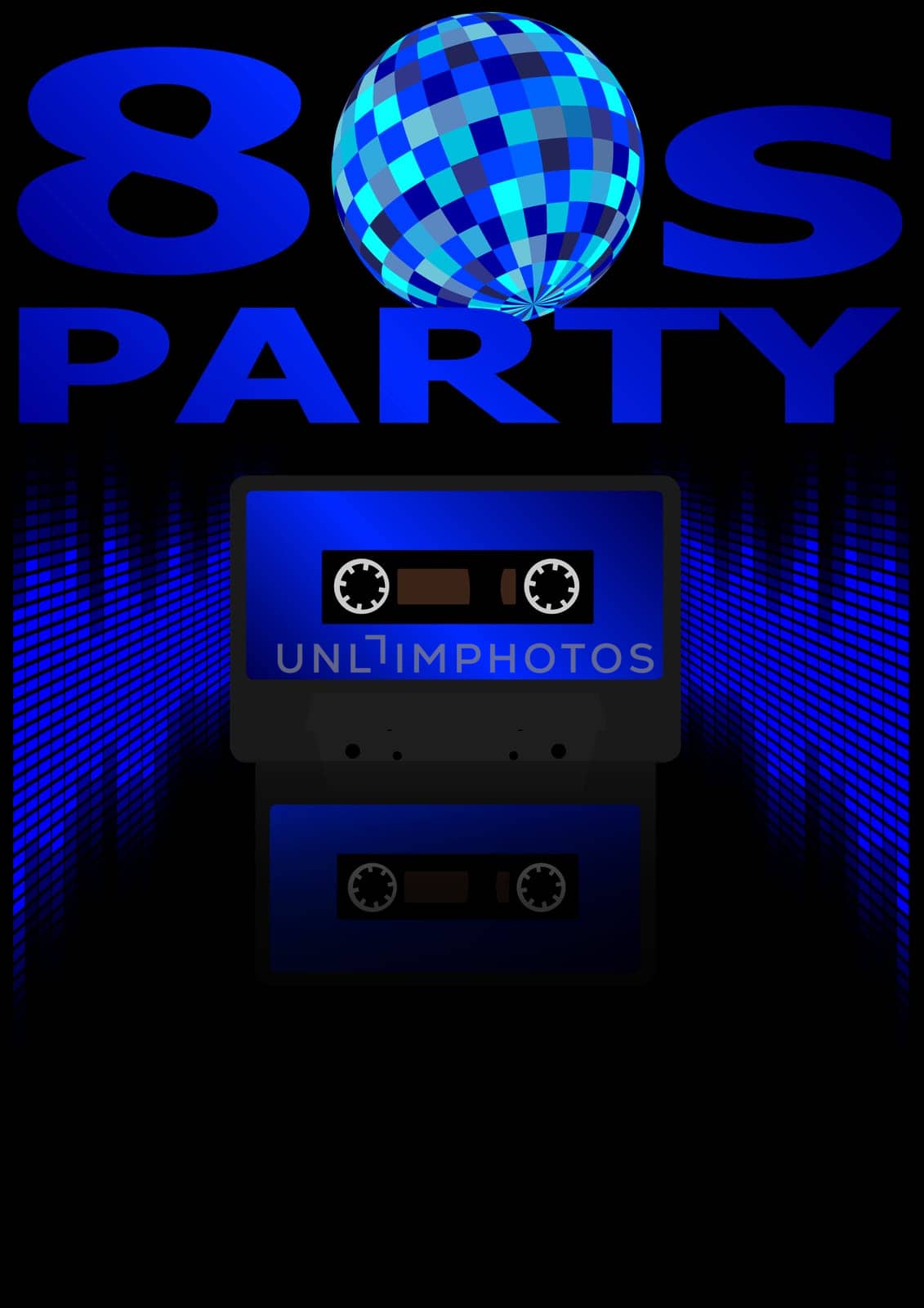 Eighties Party Background - Retro Audio Cassette Tape, Equalizer in Shades of Blue and 80s Party Sign