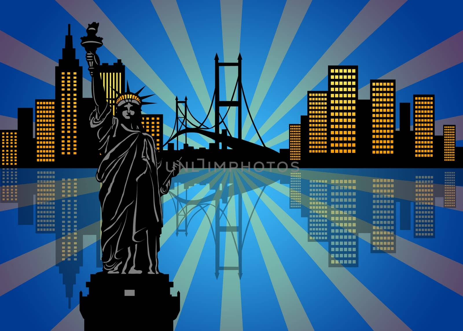 Reflection of New York Manhattan City Skyline at Night Illustration
