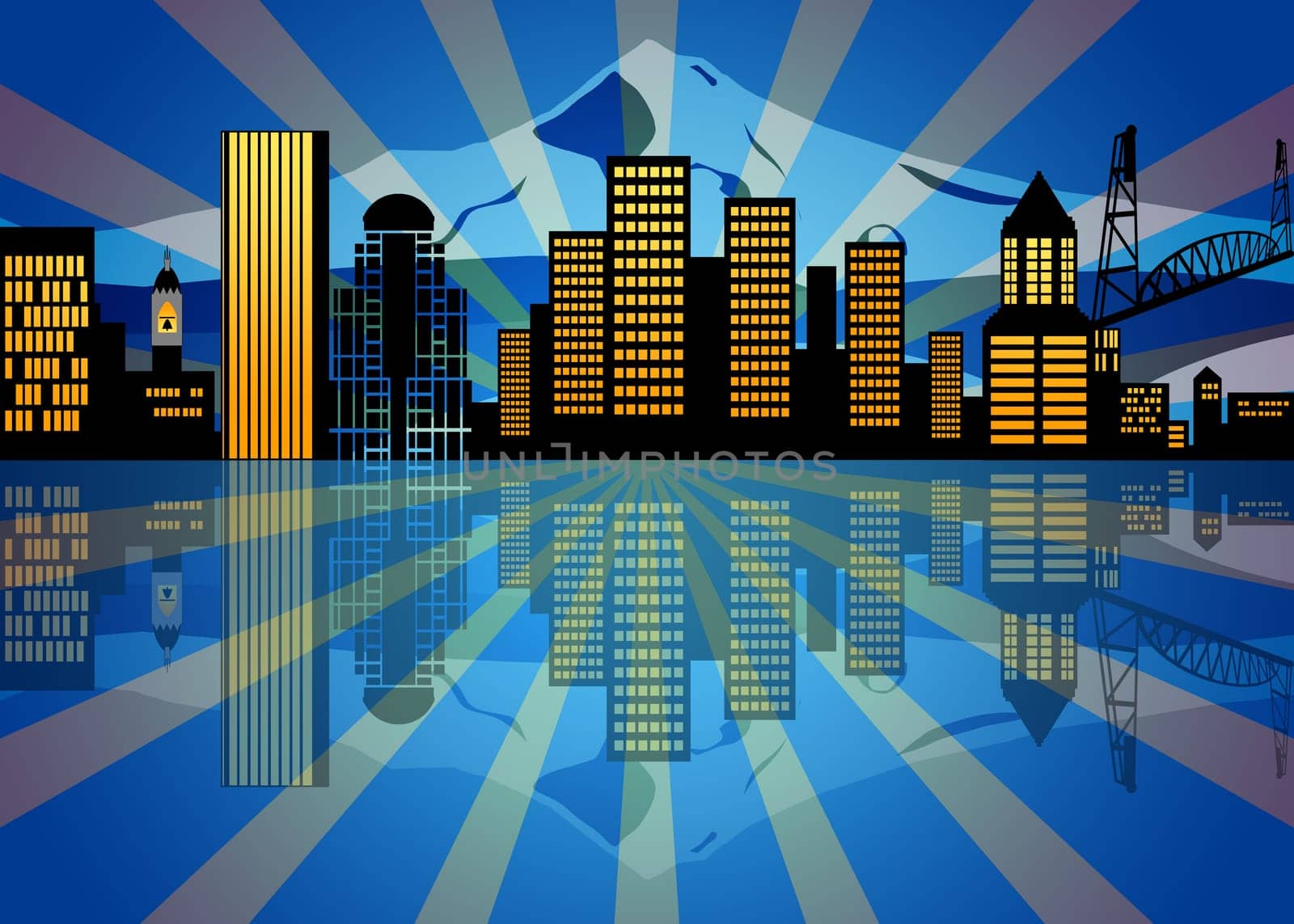 Reflection of Portland Oregon City Skyline at Night Illustration