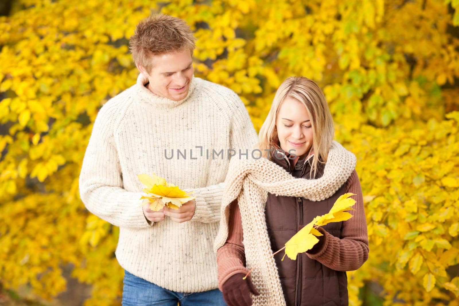 Young couple picking leaves in autumn park outfit