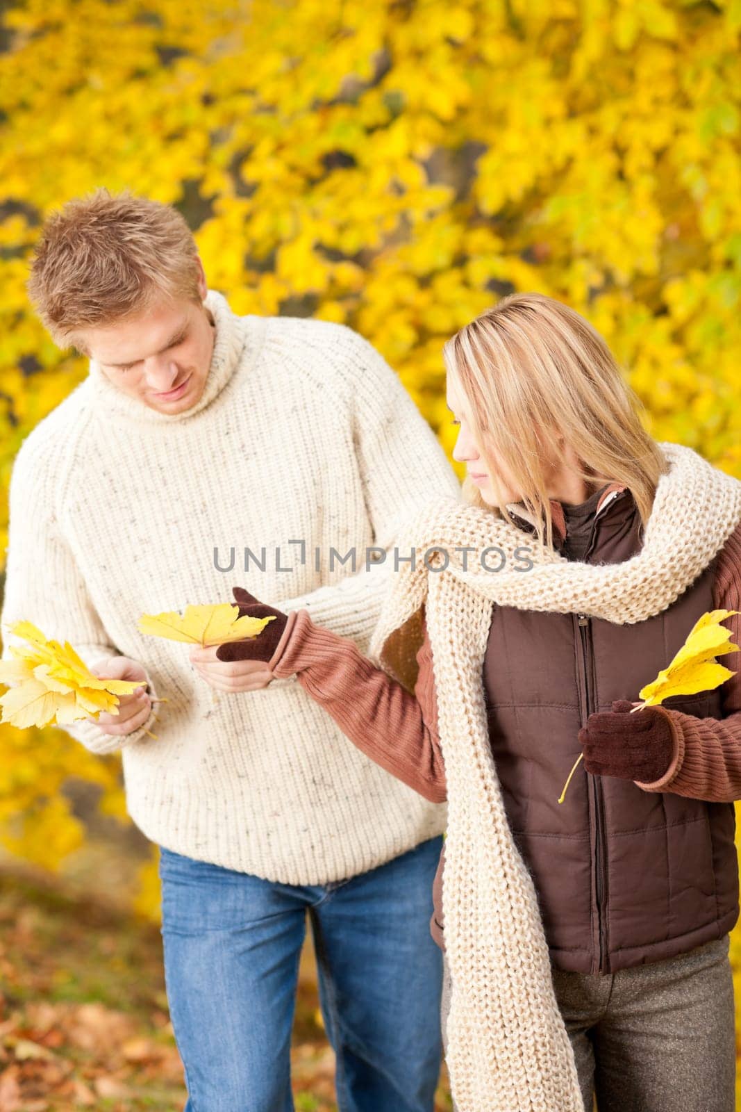Young couple picking leaves in autumn park outfit