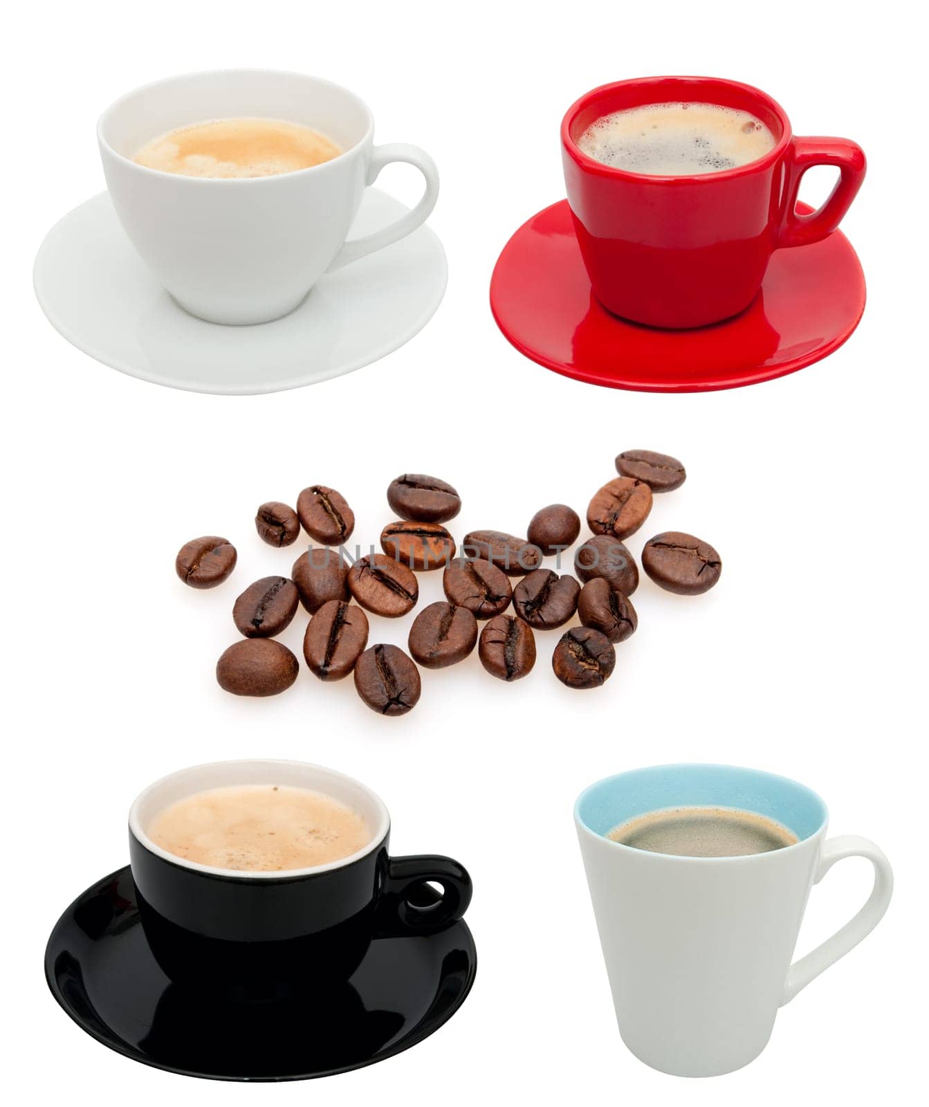 Collection of Coffee Cups in Various Colors Isolated on White and Coffee Beans Beans