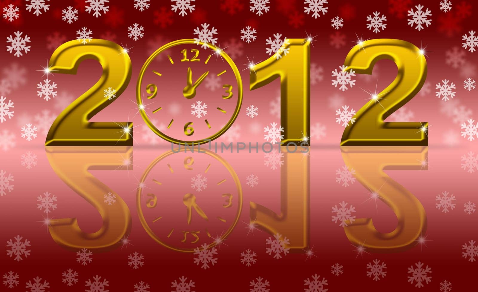 Gold 2012 Happy New Year Clock with Snowflakes and Reflection
