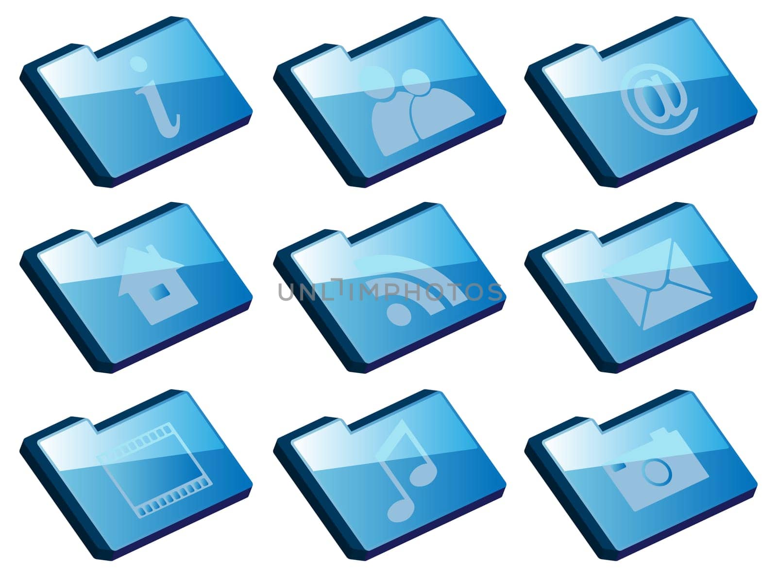 Collection of Icons - Set of Blue Folder Icons Isolated on white