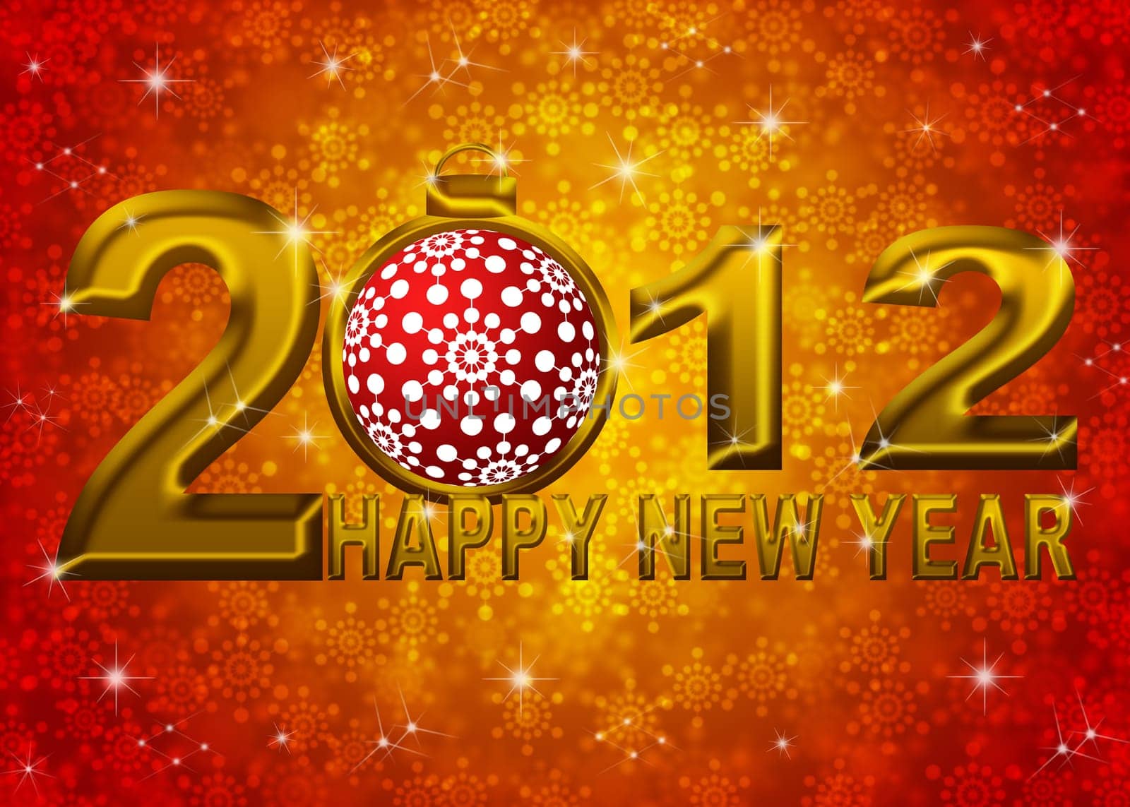 Gold 2012 Happy New Year Snowflakes Ornament on Blue Blurred Snow Background