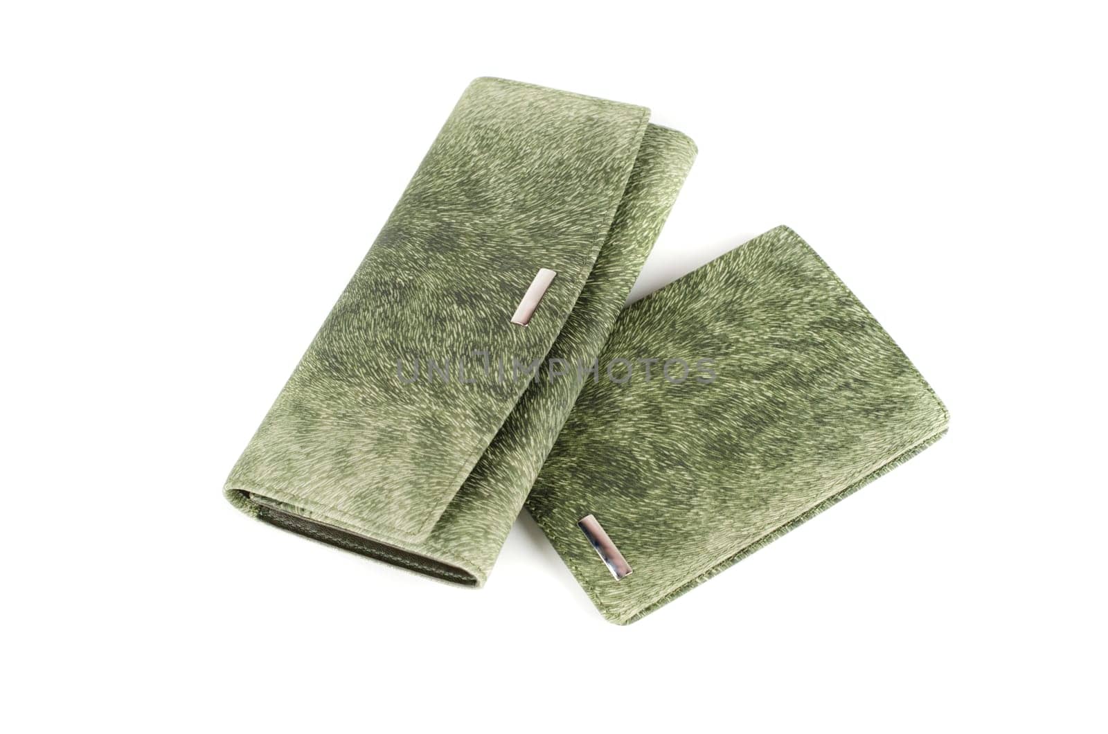 Modern green female wallets isolated on white background